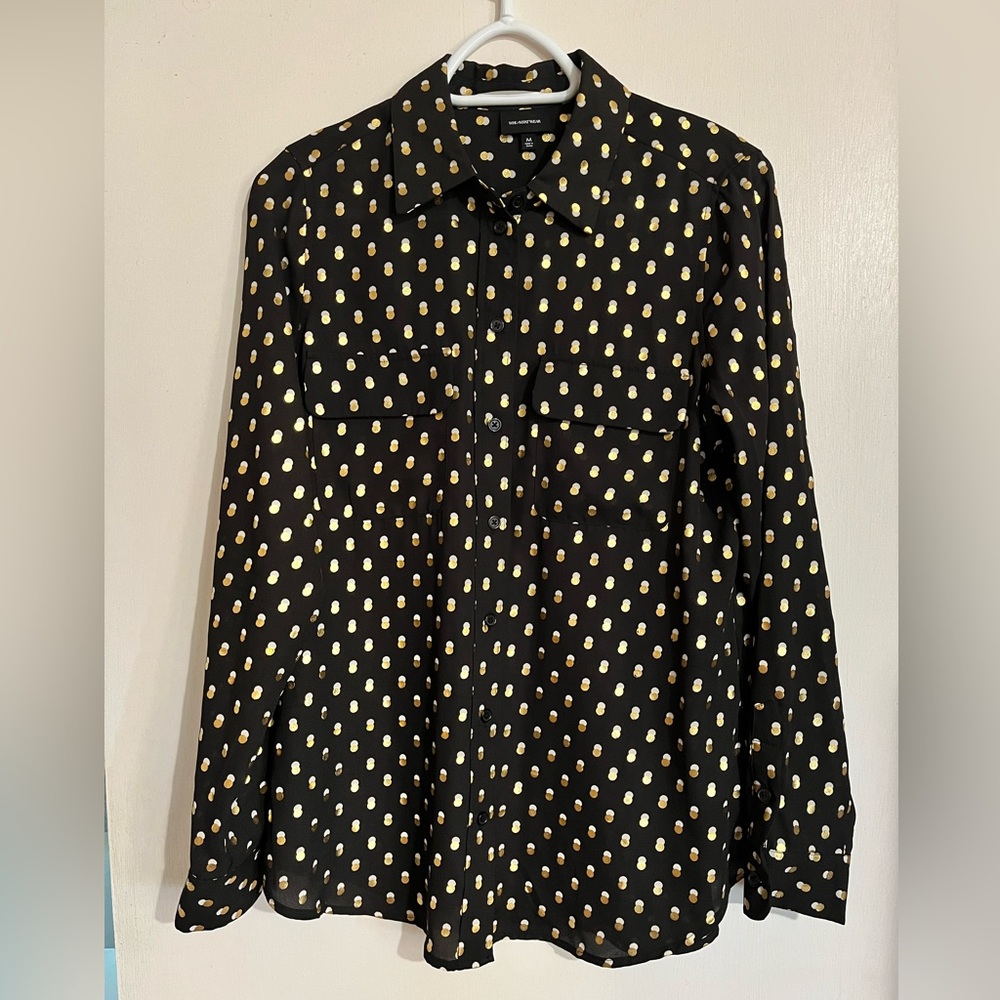 Who What Wear Black Long Sleeved Button Down Shirt with Gold & White Polka Dots